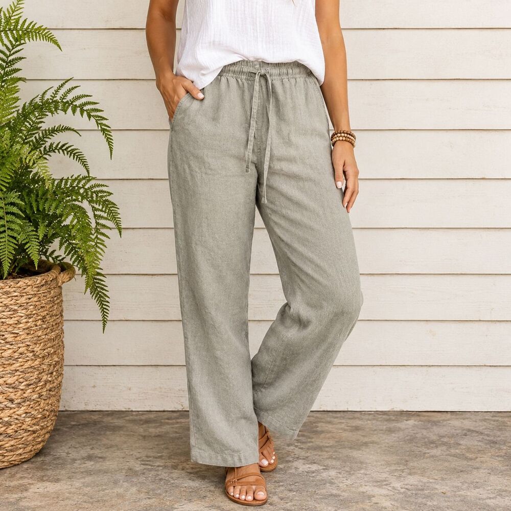 Jones New York Sport Women’s Large 100% Linen Gray Pull-On Drawstring Pants